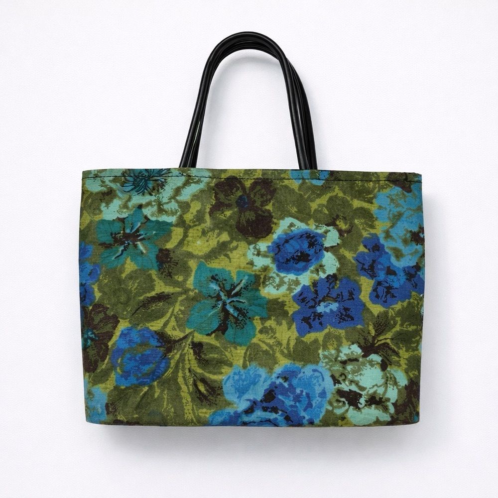 Unbranded Vintage Floral Blue Green Multi Tote Bag Boho 60s 70s Plastic